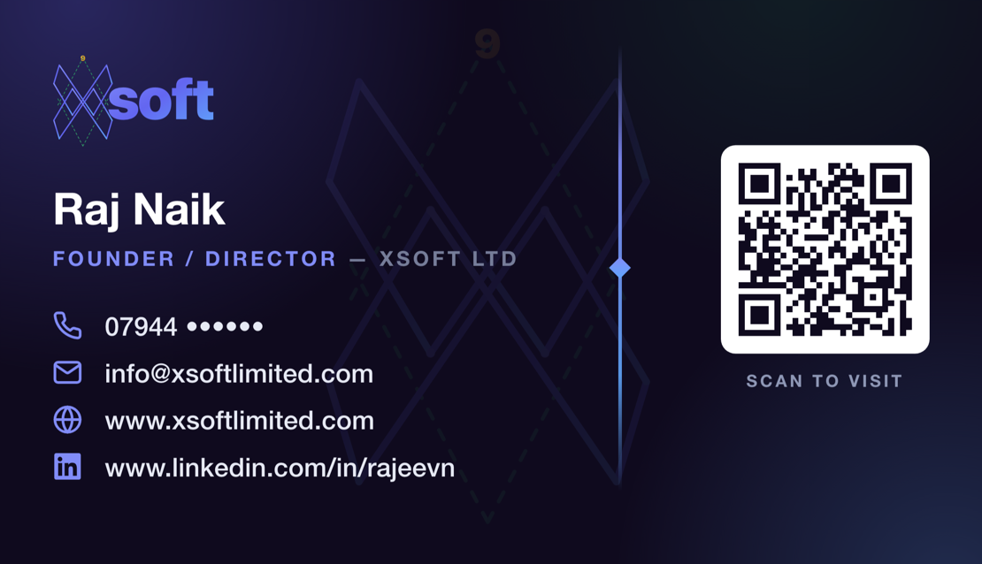 Back of the xSoft business card: logo, name and role, four contact lines, and a QR code panel captioned Scan to visit.