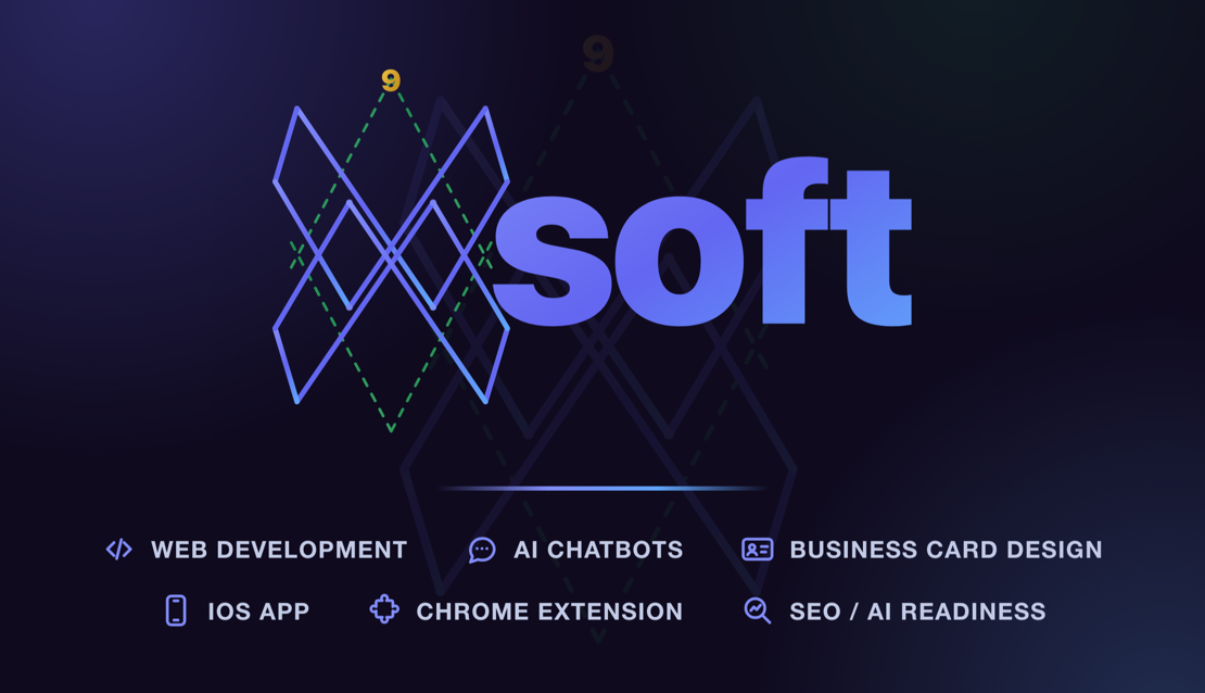 Front of the xSoft business card: the 3-6-9 vortex logo mark on a deep indigo field, above two lines reading Web Development, AI Chatbots, Business Card Design, iOS App, Chrome Extension, SEO / AI Readiness.